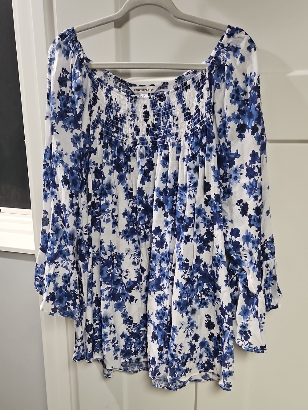 Counterparts White and Blue Floral Smocked Peasant Blouse